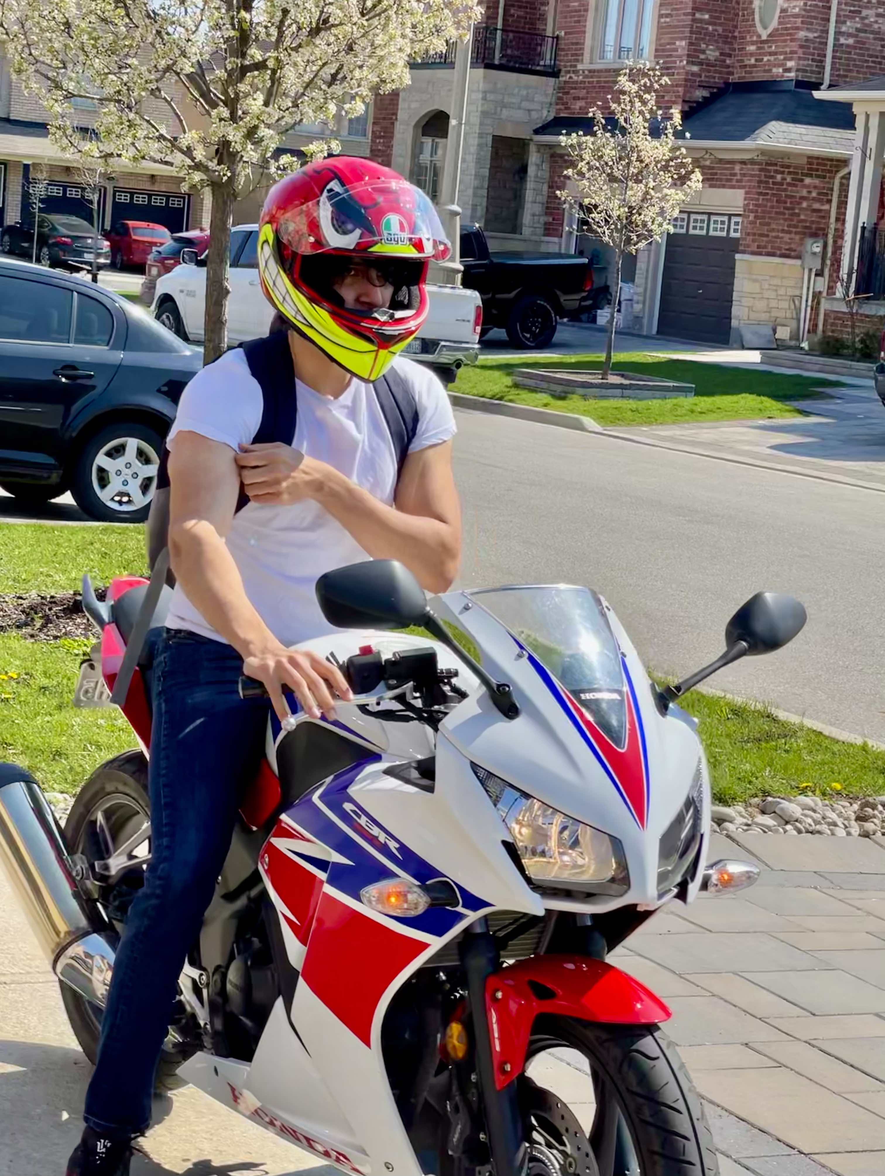 Paarth Madan on a CBR300R. Looking like preworkout kicked in jheez!